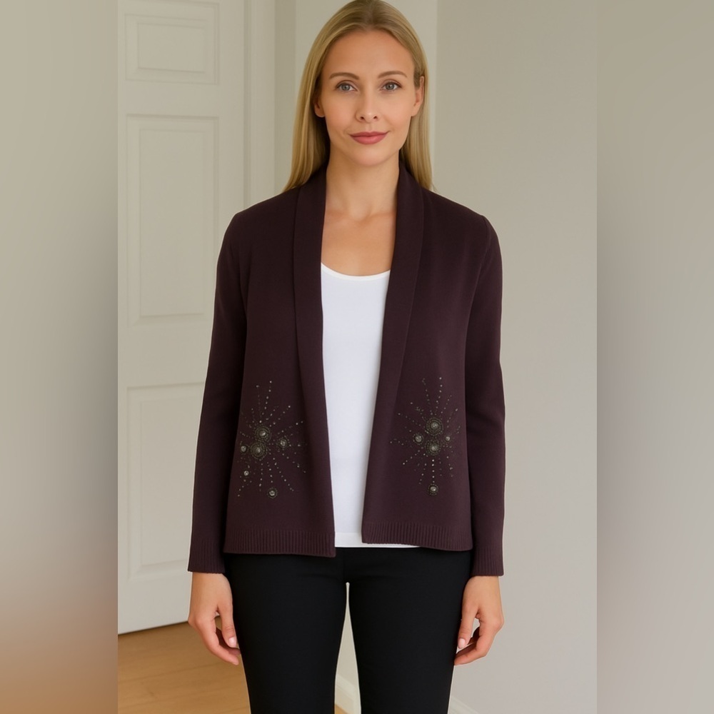 Vintage Bishop France Women's Merino Wool Purple Open Drape Front Cardigan Sz M